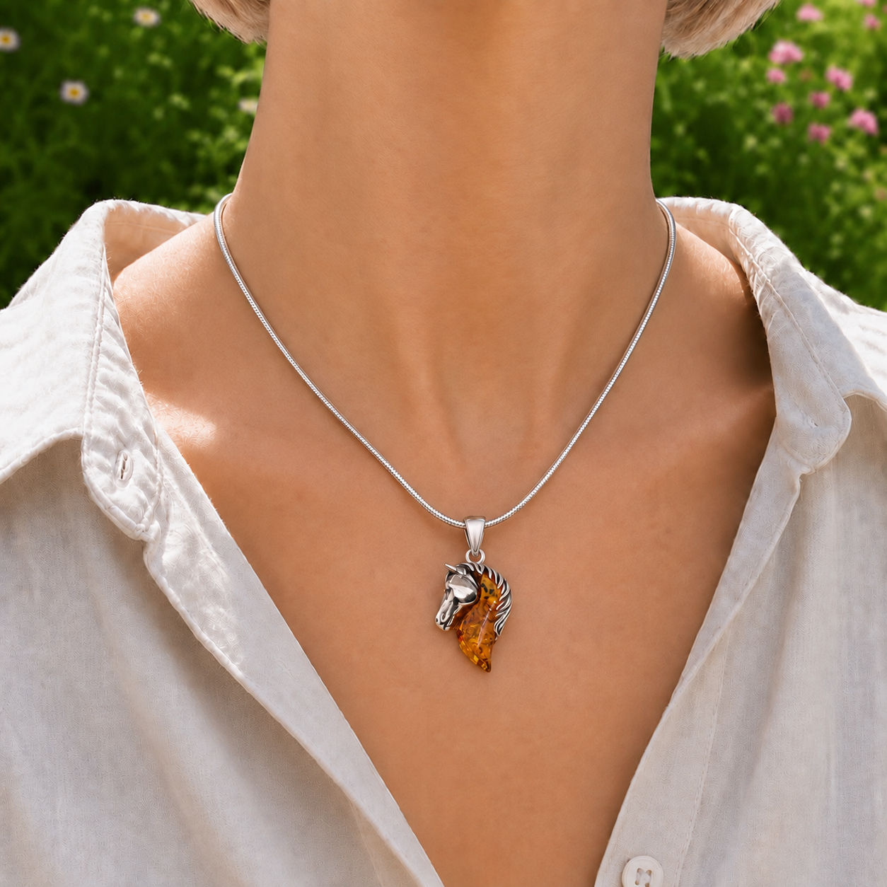 Sterling Silver Amber Horse Pendant Necklace