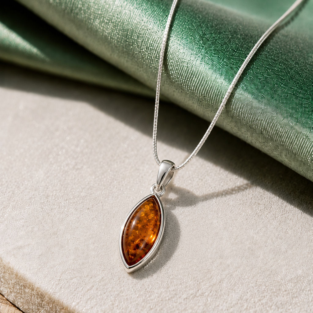 Sterling Silver Amber Marquise Pendant Necklace