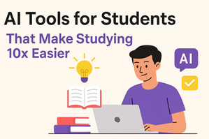 Featured image for blog post titled 'AI Tools for Students That Make Studying 10x Easier,' showing a student using a laptop surrounded by icons like books, a lightbulb, and AI symbols on a beige background.
