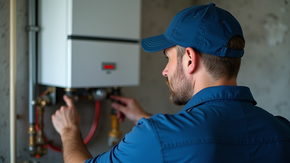 Close-up view of a plumber inspecting a boiler system