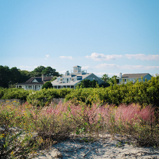 a blue sky day with a beach house and purple grass in the dunes