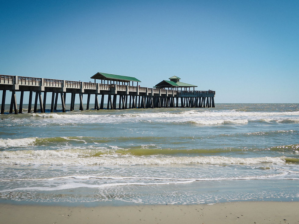 A long pier with green-roofed shelters extends over the ocean. Waves gently crash on the sandy shore under a clear blue sky.