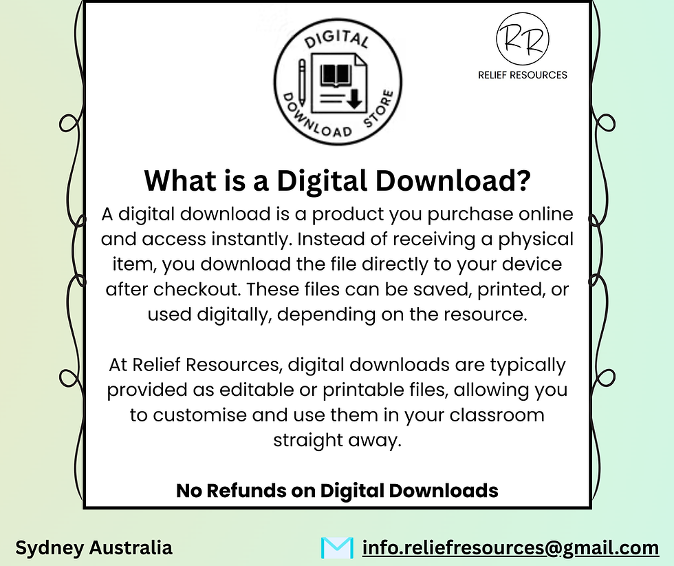 Digital Download product information from Relief Resources with no refunds policy.