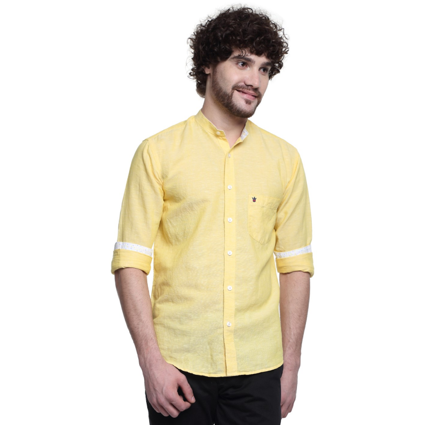 D'INDIAN CLUB Men's Yellow Plain Chinese Collar Cotton Shirt