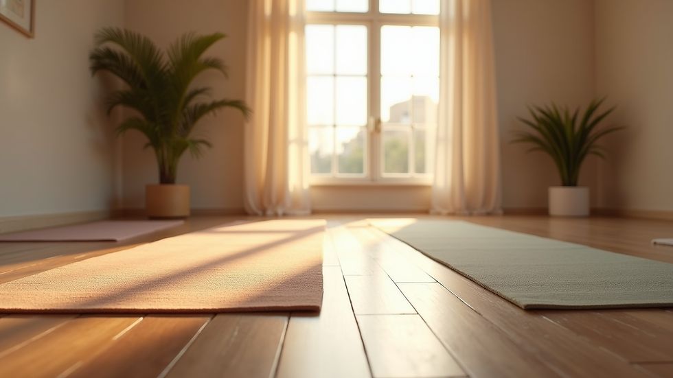 Eye-level view of a serene yoga studio with mats and natural light