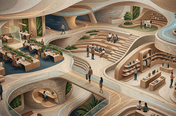 Ilustração conceitual de ambientes de escritório, educação e varejo integrados em uma arquitetura orgânica com fluxo de pessoas e sensação de espaço inteligente e adaptativo.