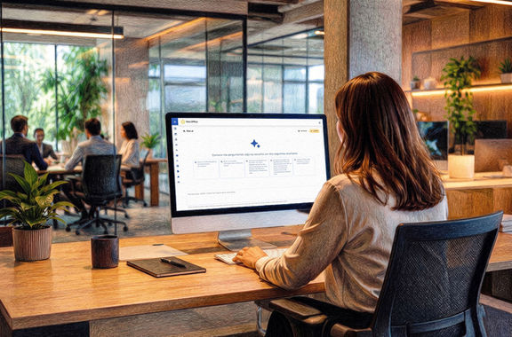 Mulher de costas usa computador em escritório moderno; na tela, interface Neo Office, com sala de reunião e plantas ao fundo.