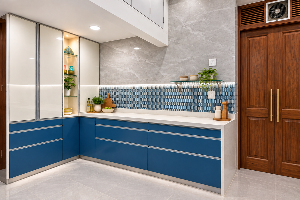 Full view of a Marine Drive heritage kitchen with an original wooden door and window kept intact.