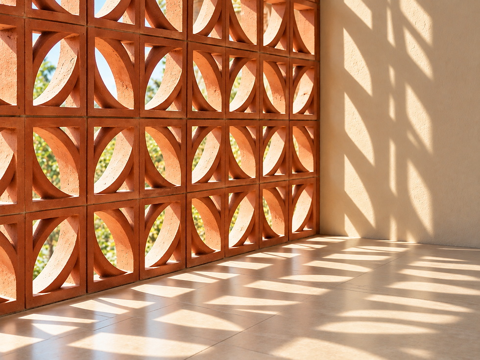Terracotta jaali screen with light passing through, SAN Design Studio