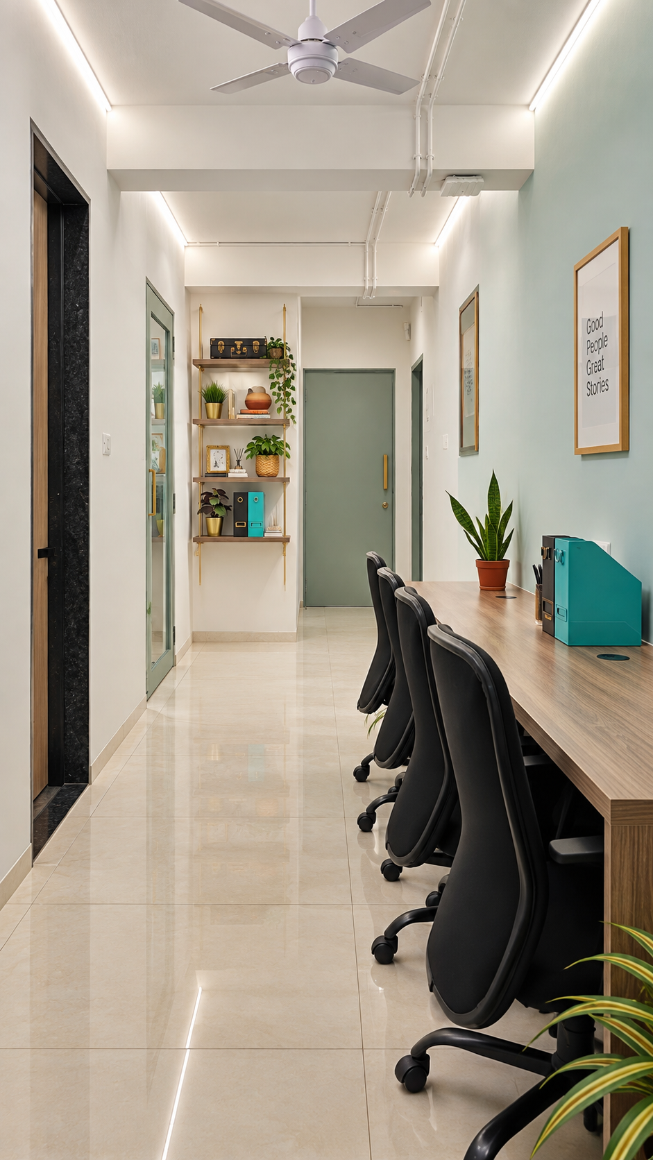 Office corridor with wood desks along a mint green wall, planters and a display shelf, PR agency office in Khar, Mumbai.