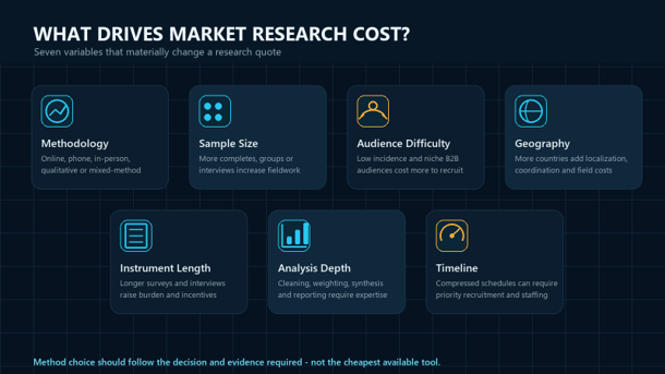 Infographic showing methodology, sample size, audience difficulty, geography, instrument length, analysis depth and timeline as market research cost drivers.