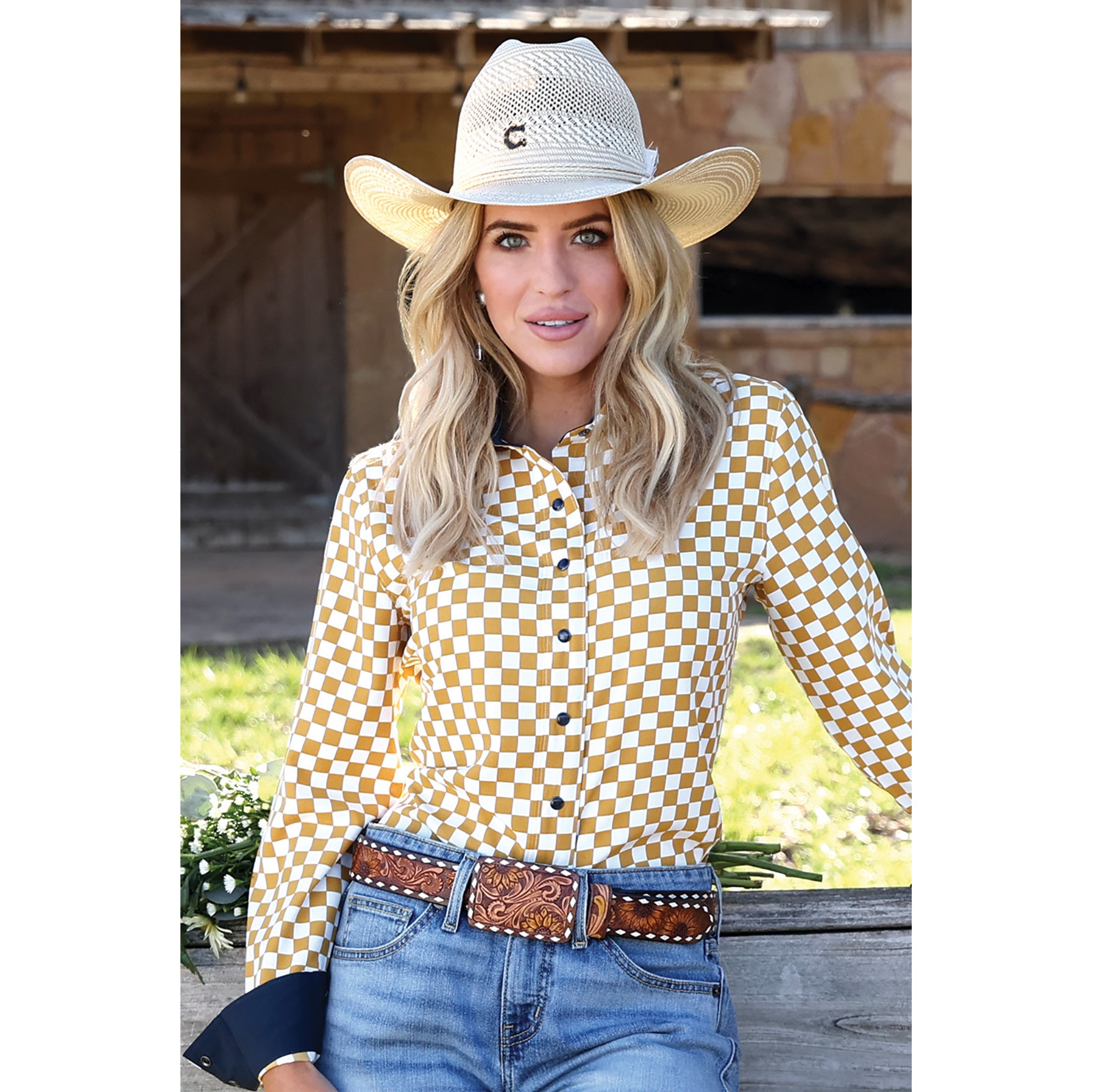 Ladies Western Button Up - Gold Checkered