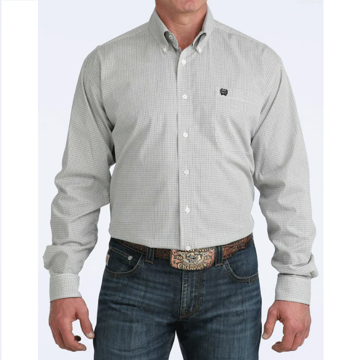 Mens Cinch Long Sleeve Button - White & BlackPlaid