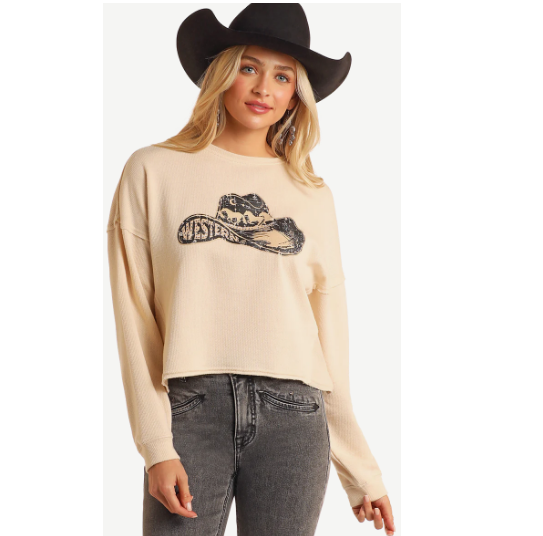 Rock & Roll Denim Oatmeal Waffle Crop Shirt - Western Hat