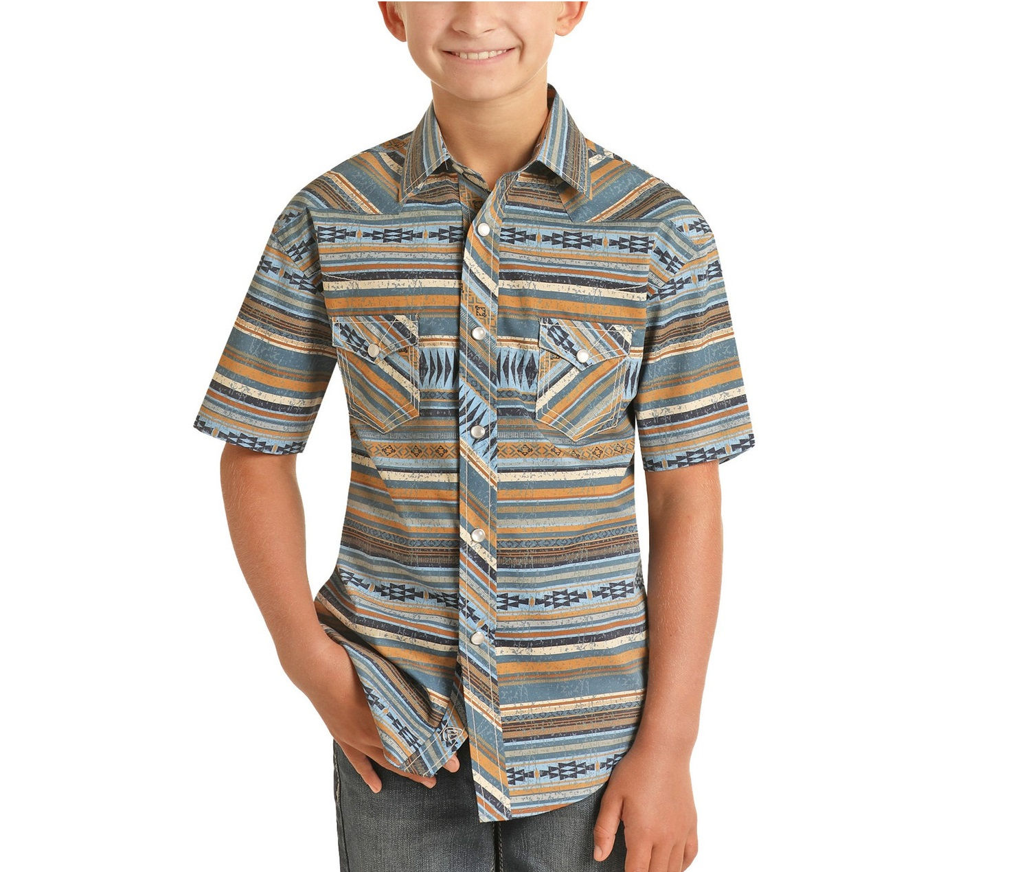 Boys Panhandle Navy Aztec Stripe Short Sleeve Snap Shirt