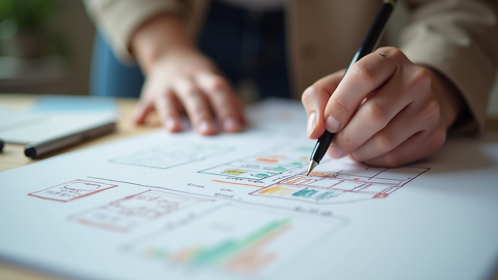 Close-up view of a designer sketching website layout on paper
