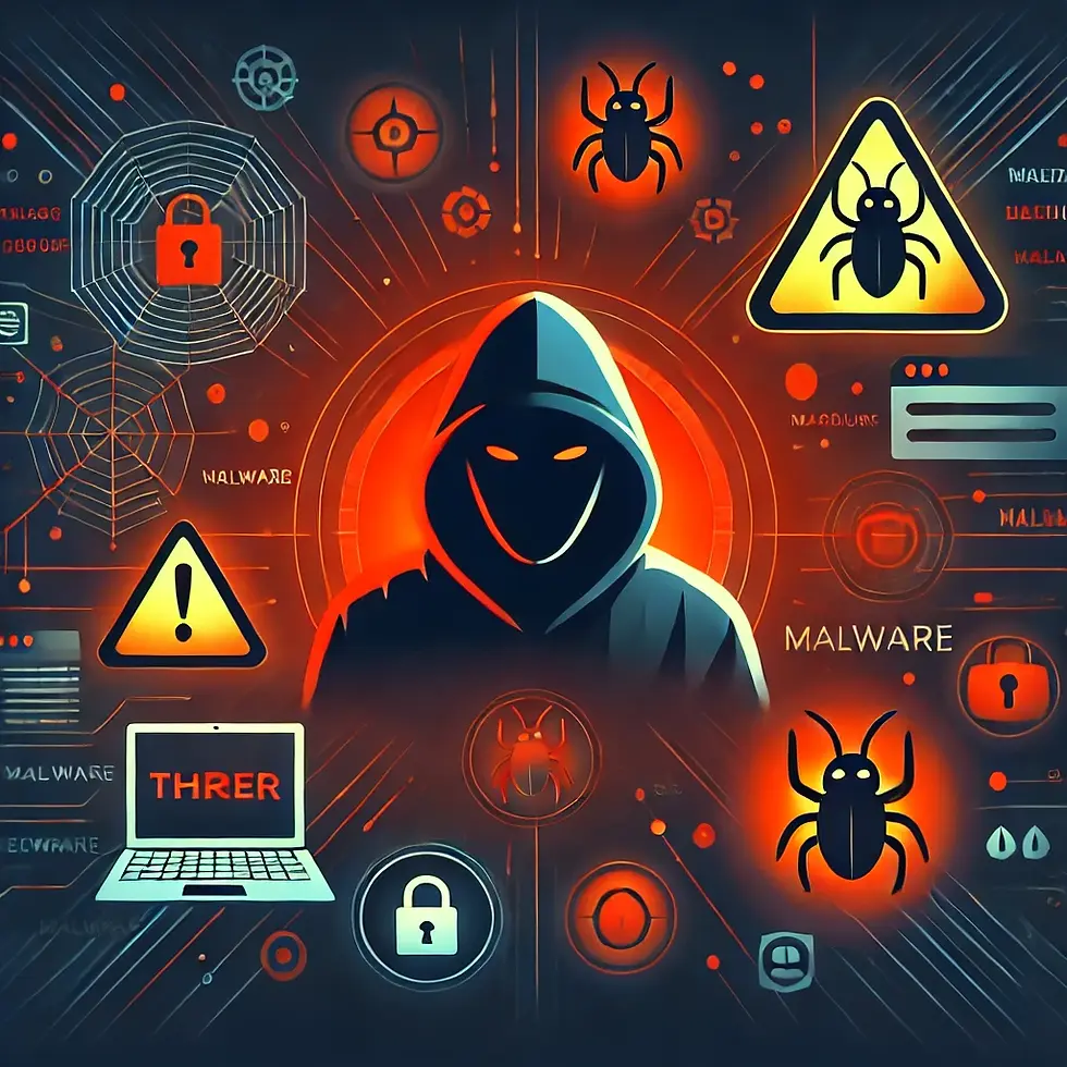 Ilustração de ameaças cibernéticas com um hacker em destaque, ícones de alerta de malware e escudos de segurança quebrados, ideal para conteúdo educativo sobre cibersegurança.