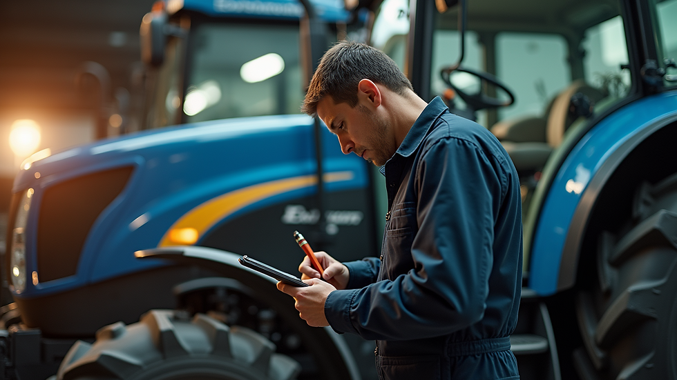 Eye-level view of a mobile repair technician working on a tractor