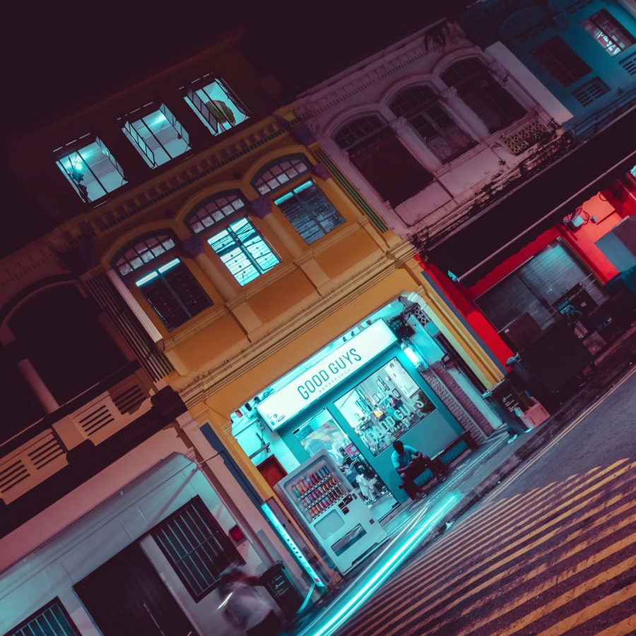 The Good Guys shopfront glowing on Rowell Road at night