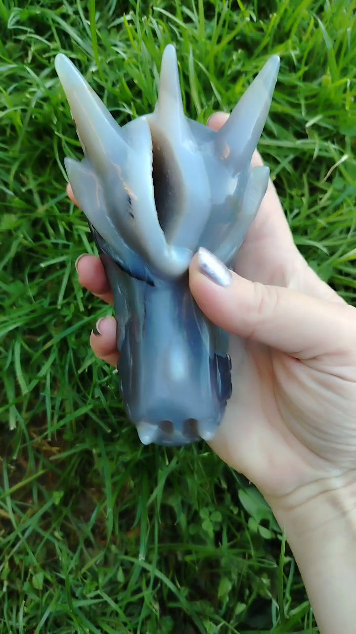 Thumbnail: Large Dendritic Agate Dragon Head Crystal Carving, Druzy and Banding, 627g