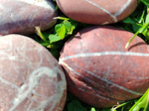 Red jasper wishing stones lie on the green grass.