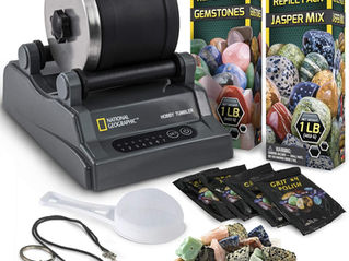 everything that comes with the National Geographic rock tumbler with extra rock refil packs.