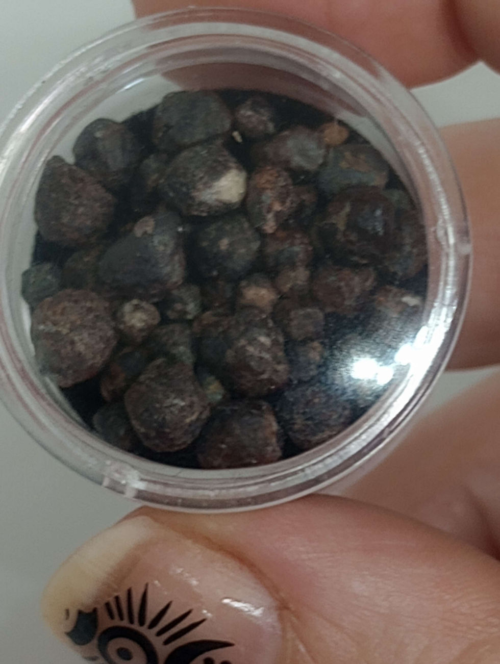 Miniatura: A round clear plastic tub (small & reusable for mineral display) containing approximately 5-6g of almondine garnets.