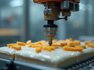 Photo of a robot hovering over a cake on a production line