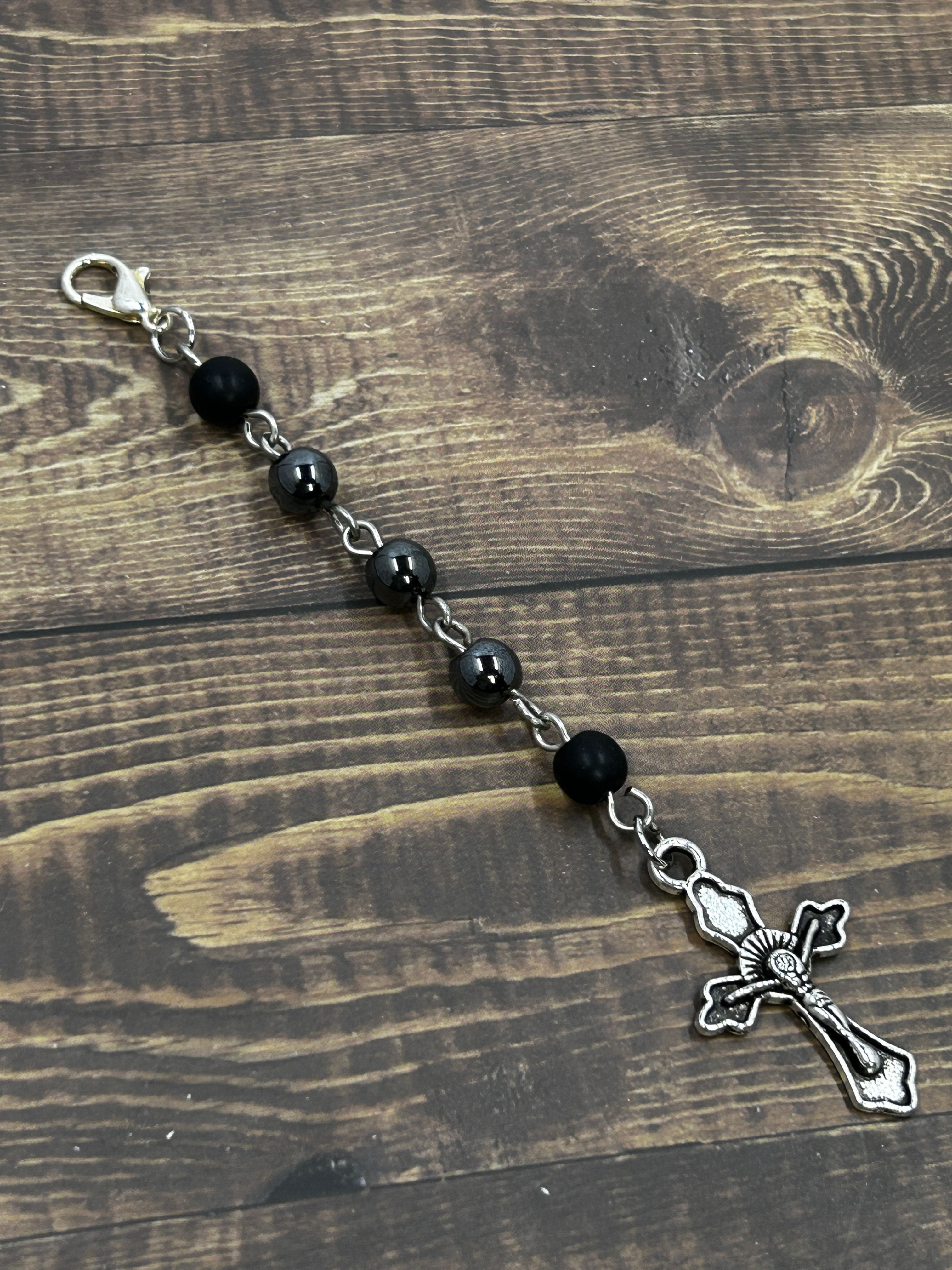 Black and Hematite Keychain Rosary