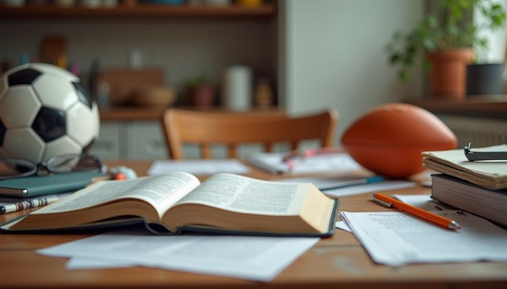 Eye-level view of a cluttered kitchen table with school papers, sports gear, and a Bible