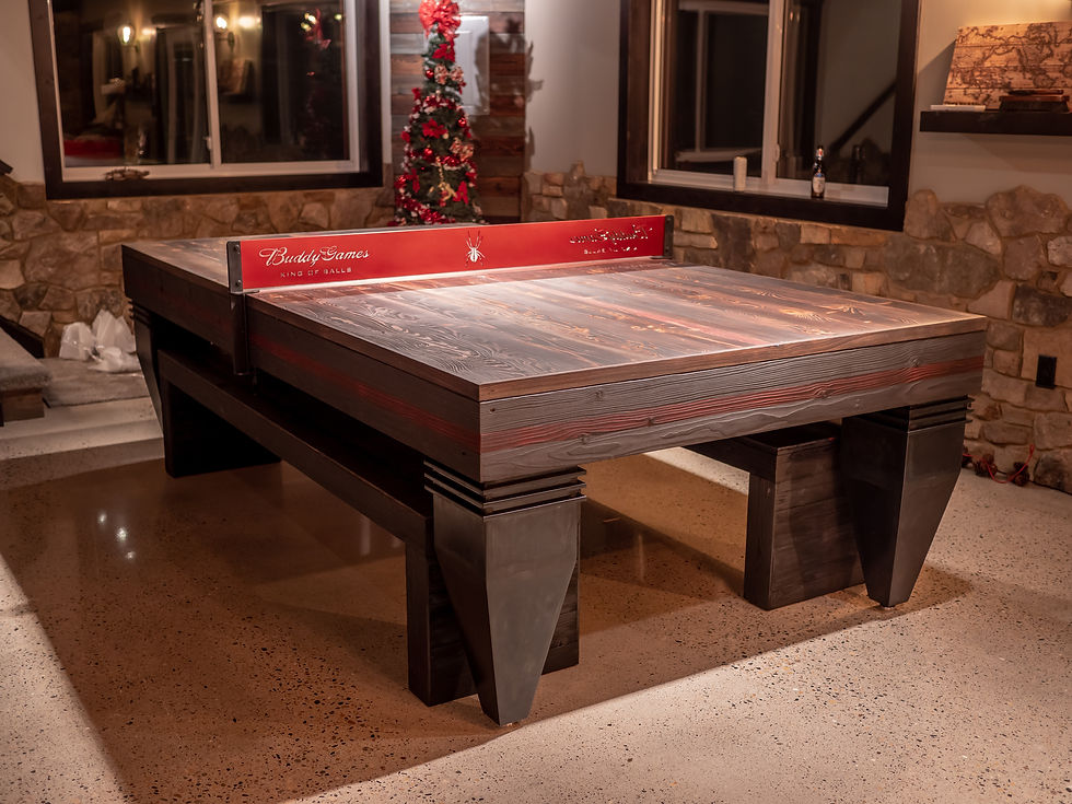 josh duhamel, pool table, buddy games, ping pong, black widow, shou sugi ban