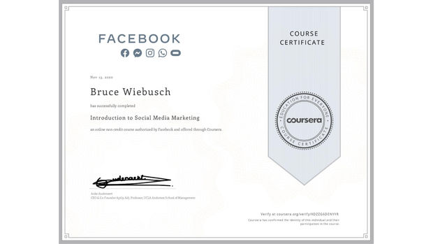 Social Media certificate earned from Facebook