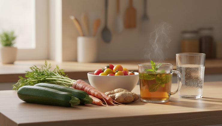 Fresh vegetables, cherry tomatoes, steaming ginger tea, and sparkling water on a sunlit kitchen counter.
