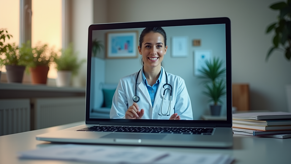 Laptop shows smiling doctor in white coat on video call. Stethoscope, plants, and warm room light create a calm, professional setting.