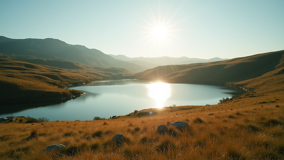 Eye-level view of a serene natural landscape with rolling hills and a tranquil lake.