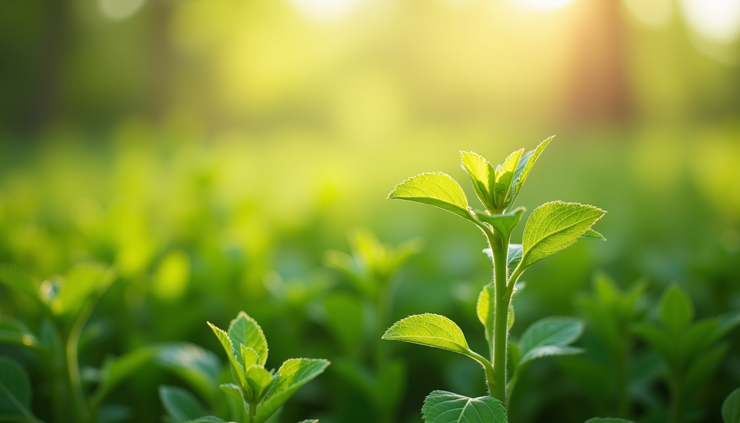Sunlit green plant with fresh leaves in a blurred verdant field, creating a serene and vibrant atmosphere.