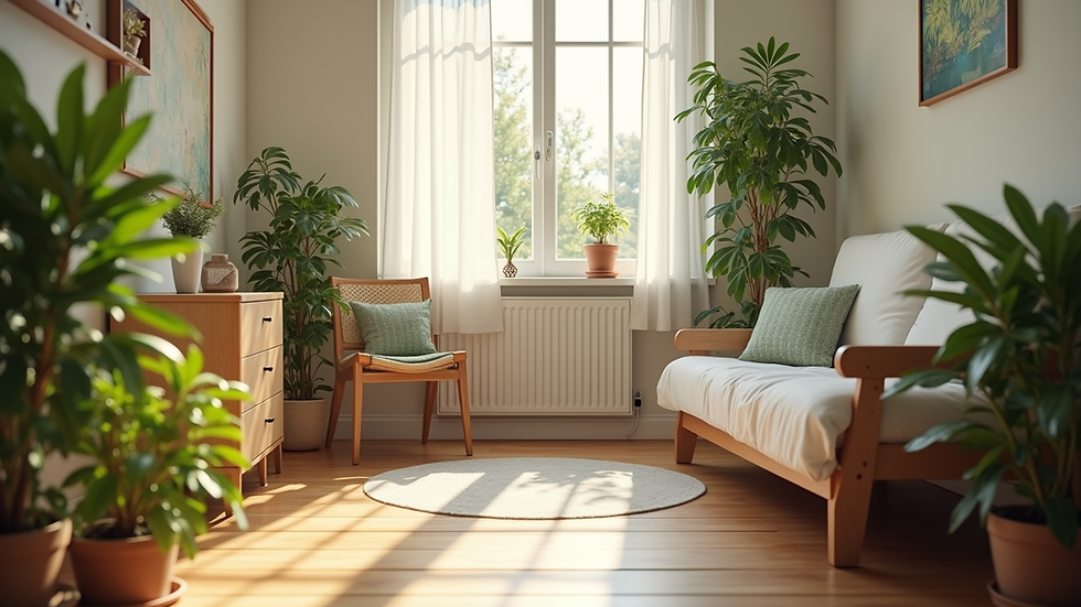 Sunlit cozy living room with potted plants, white sofa, wooden chair, and round rug by a window with sheer curtains.