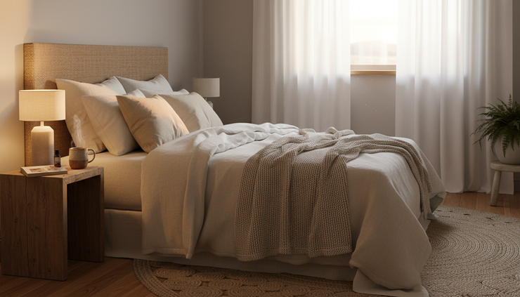 Cozy beige bedroom with a neatly made bed, bedside lamp and mug, sunlight through sheer curtains, and a potted fern.