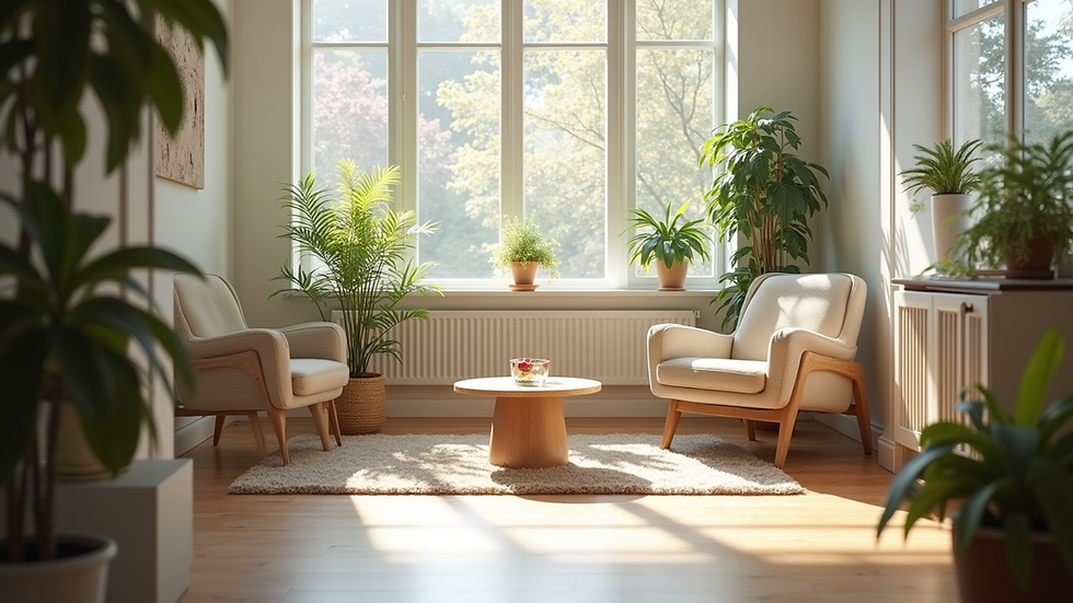 Sunlit living room with two beige chairs, potted plants, and a small round table on a rug, creating a calm, airy mood