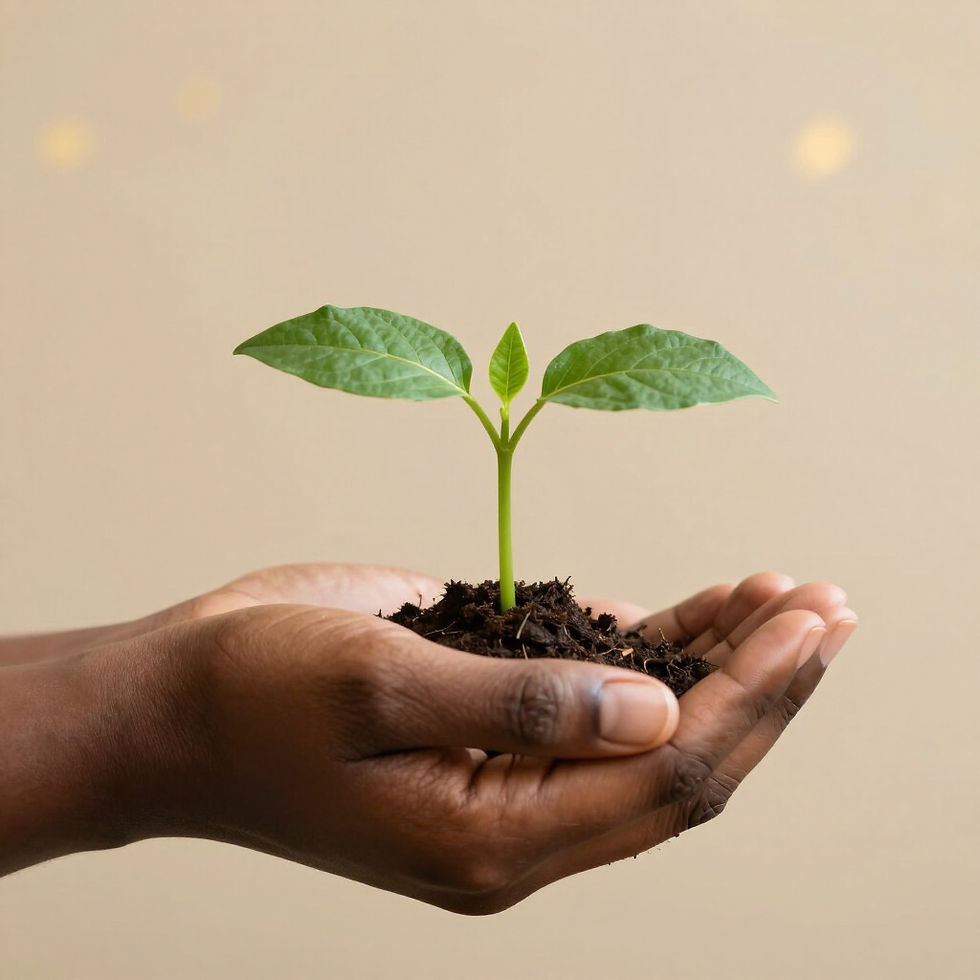 Two hands gently holding a small green plant in soil