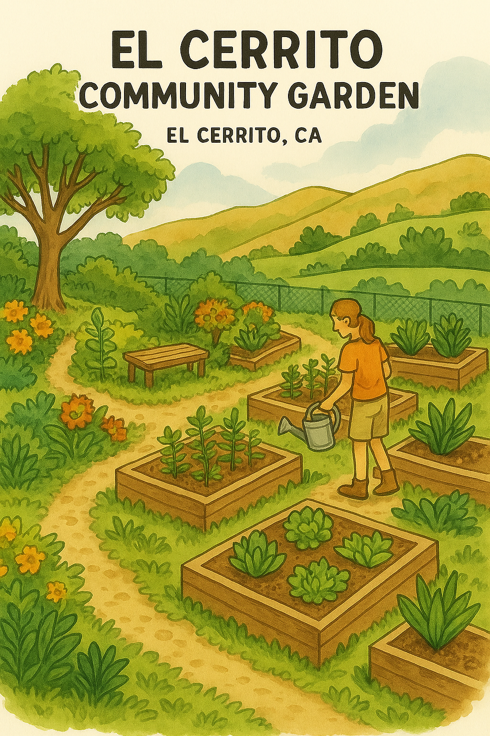 Hand-drawn illustration of El Cerrito Community Garden, with terraced beds and panoramic hill views.