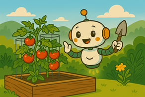 Hand-drawn tomatoes in a Bay Area garden with hills in the background.