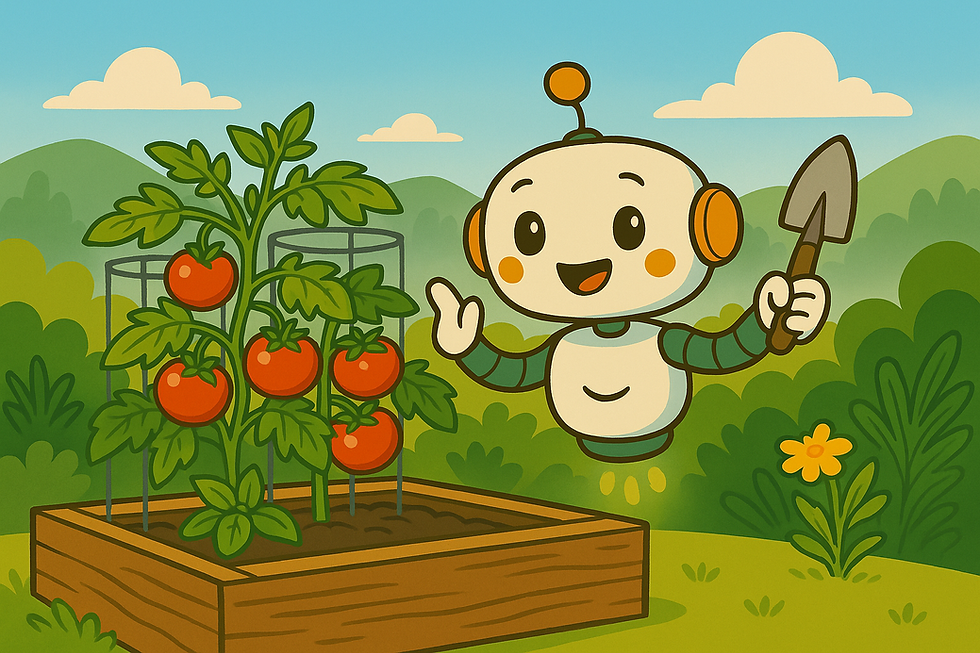 Hand-drawn tomatoes in a Bay Area garden with hills in the background.