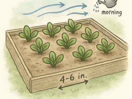 Hand‑drawn spinach bed diagram with 4–6 inch spacing, airflow arrows to reduce mildew, and a morning watering icon; neat lines