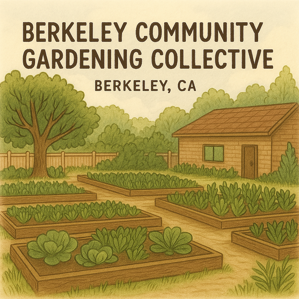 Hand-drawn illustration of Berkeley Community Gardening Collective, with community members tending diverse plots and lush greenery