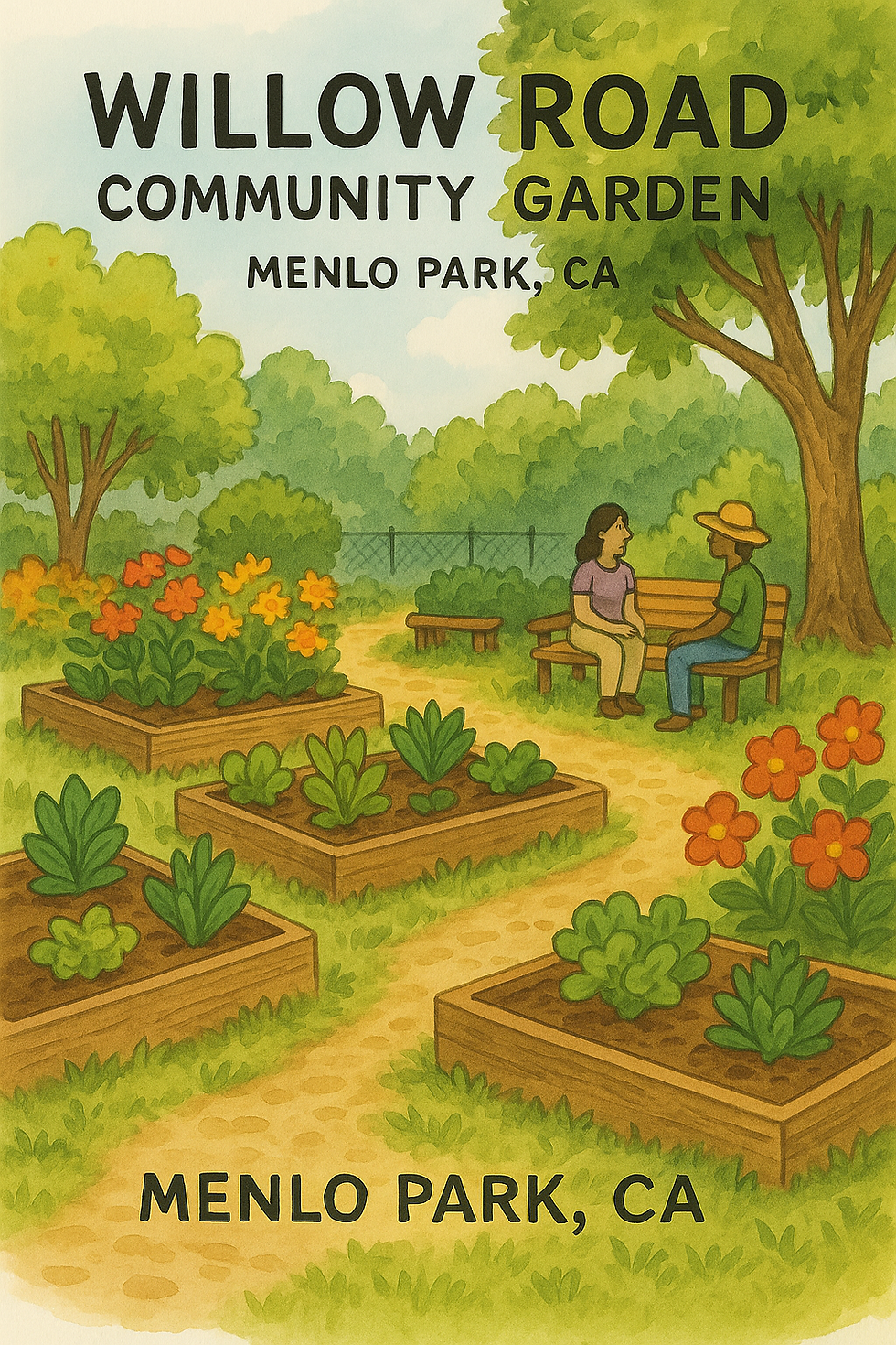 Hand-drawn illustration of Willow Road Community Garden, featuring vibrant flowers, vegetable plots, and community seating.