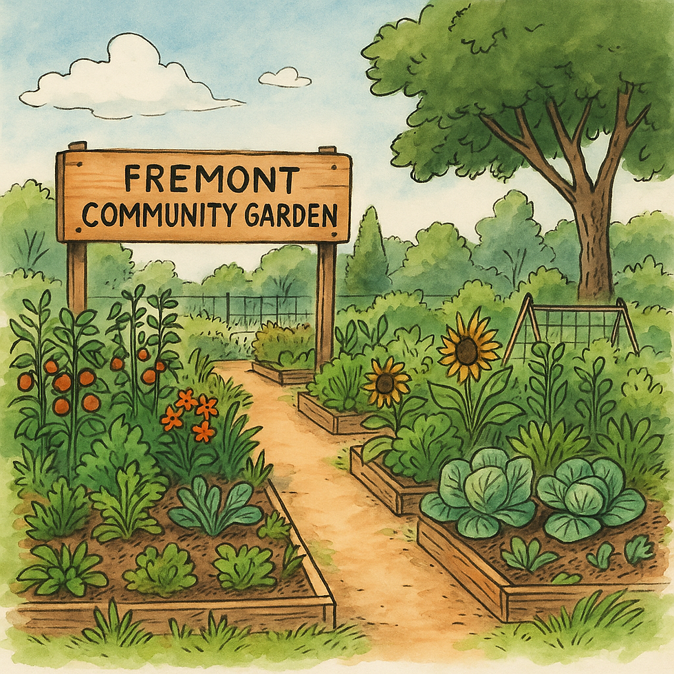 Hand-drawn illustration of Fremont Community Garden with a mix of vegetables, flowers, and shaded benches for community gatherings.