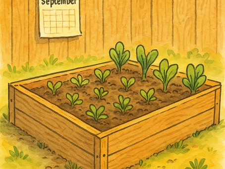 wooden raised bed with young lettuce and greens in soft golden light, a small calendar pinned to the fence in back.