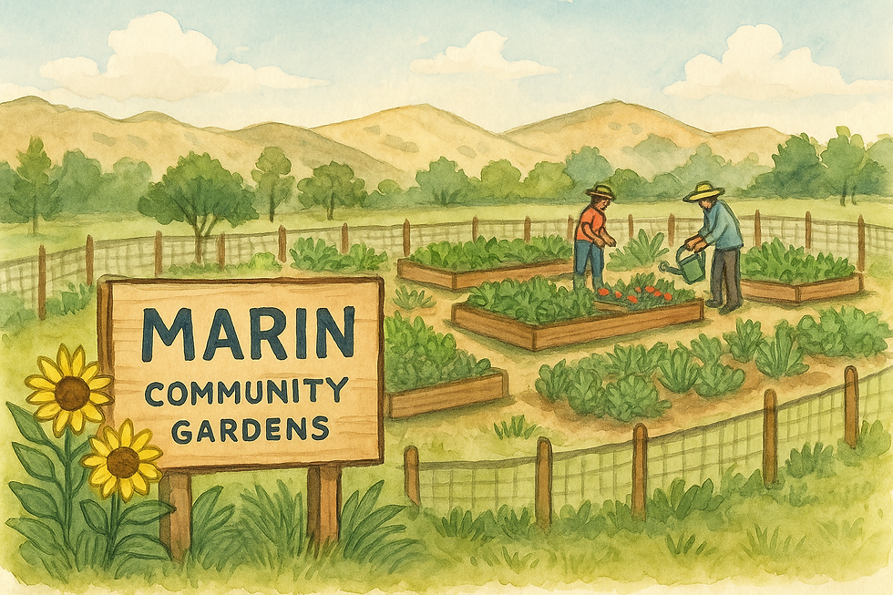 Hand-drawn illustration of Marin City Community Garden, with raised beds and a view of surrounding hills.