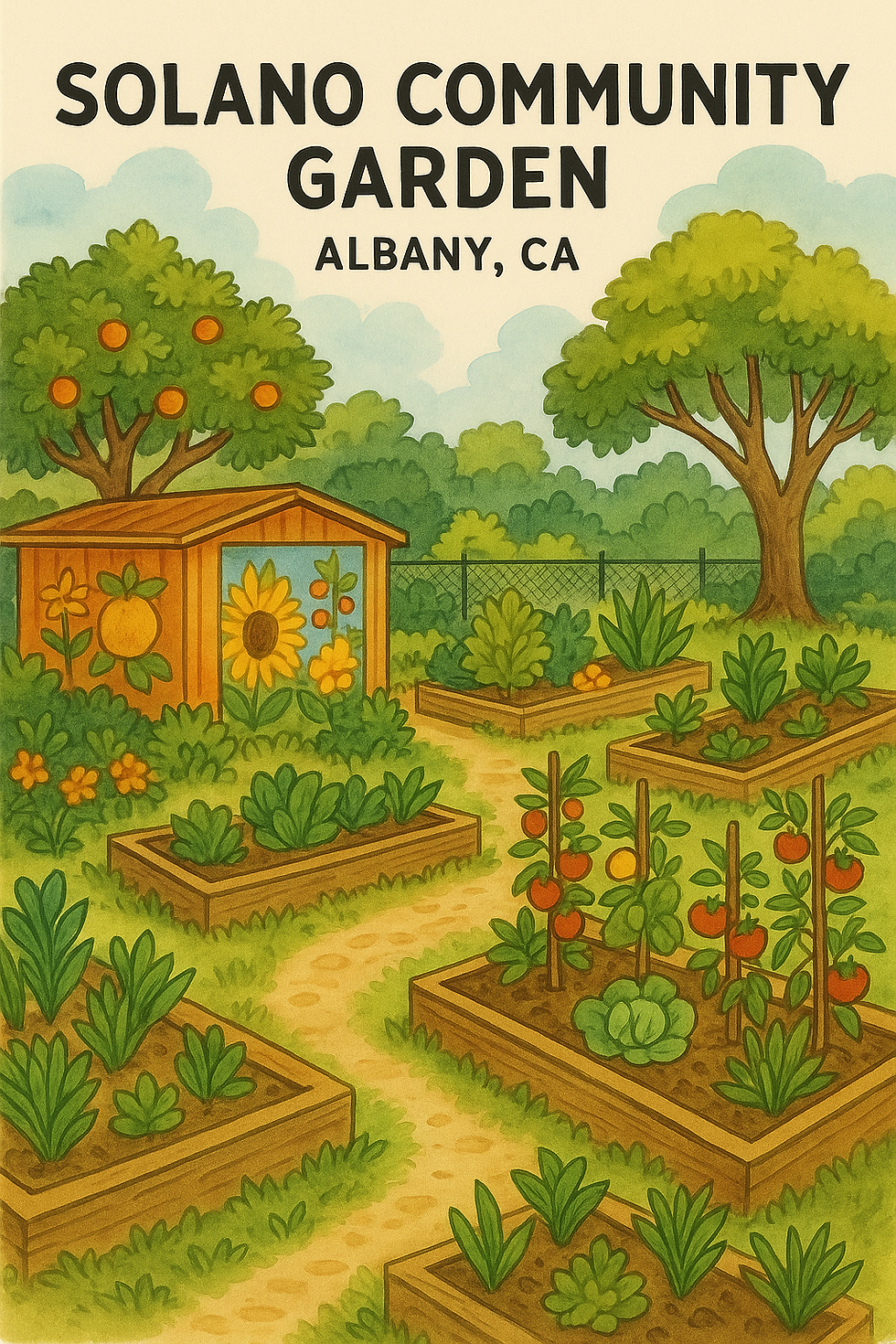 Hand-drawn illustration of Solano Community Garden in Albany, with raised beds, fruit trees, and a mural on a garden shed.